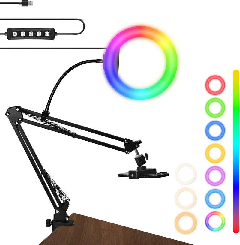 MagLoop 8"" RGB Ring Light with Overhead Camera Mount Overhead Phone Mount with RGB Fill Light for Articulating Arm Phone Mount for YouTube Live Stream Cooking Nail Video Recording - Image 1